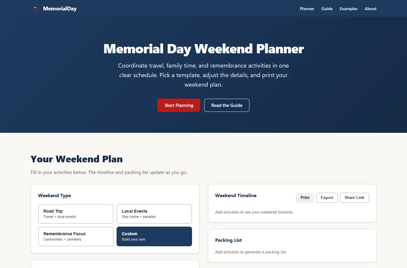 Screenshot of MemorialDay: Weekend Event & Travel Planner interface showing the project page in use